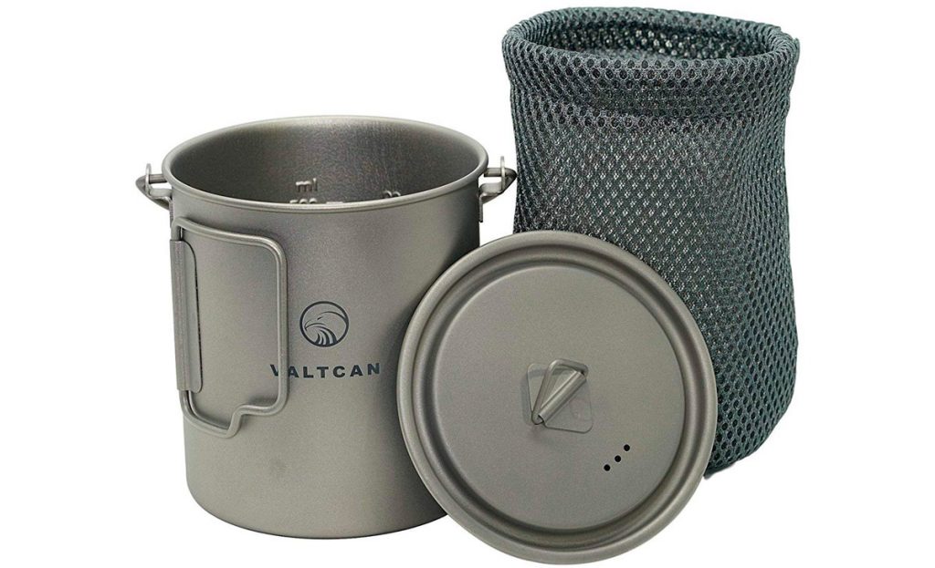 The Valtcan titanium coffee cup has a lid and carry bag.