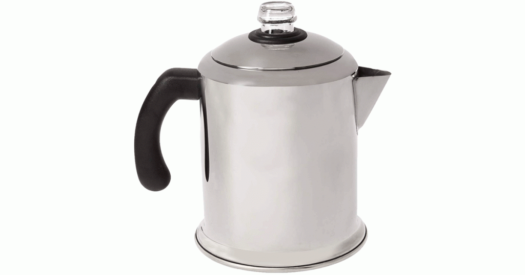 The Farberware Yosemite Percolator comes in 8 and 12 cup sizes and works great for camping.