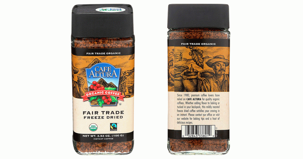 Cafe Altura makes a freeze drid instant organic coffee that is also fair trade. 