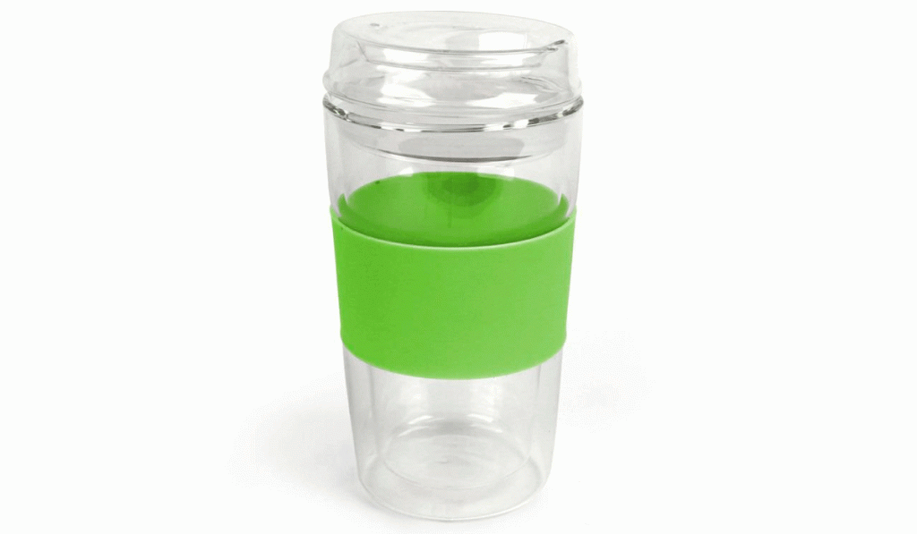 The Kikkerland Glass Tumbler is double walled and it has a glass sip lid. 
