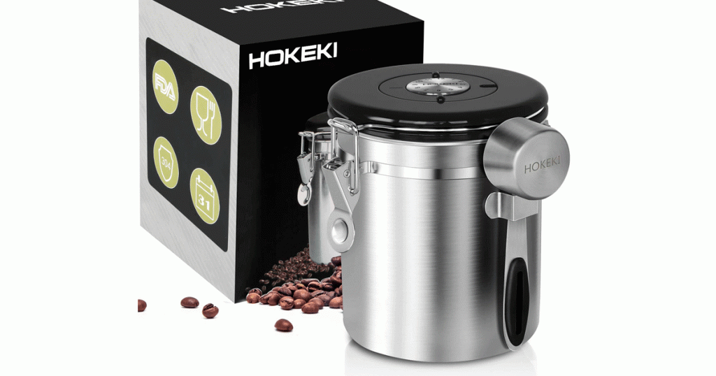 The Hokeki Sealing Coffee Canister includes a scoop to make camping coffee easier to brew. 